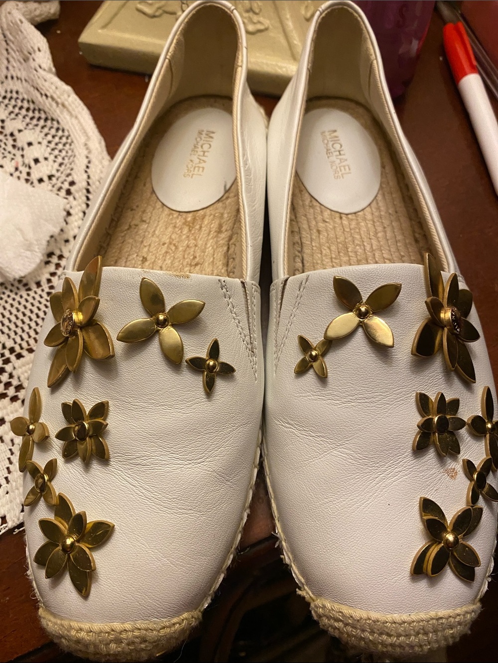 Michael Kors White Espadrille Flats with Gold Floral Accents